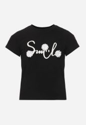 Czarna Bawełniana Koszulka T-shirt z Brokatowym Napisem i Kwiatami 3D Azavia. Czarne koszulki dziewczęce Born2be, z aplikacjami, z bawełny, bez ramiączek. Za 29.99 zł.