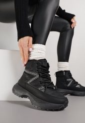 Czarne Sportowe Śniegowce Chunky na Platformie Ishweda. Czarne śniegowce damskie Renee, z jeansu. Za 99.99 zł.