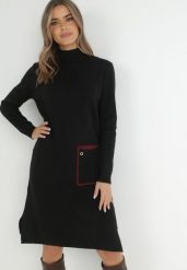 Czarna Sukienka Dzianinowa z Golfem i Dużą Kieszenią Taniya. Czarne sukienki damskie Born2be, do pracy, na jesień, l, bez wzorów, z dzianiny, biznesowe, bez kołnierzyka, bez ramiączek, midi, dopasowane. W wyprzedaży za 119.99 zł.