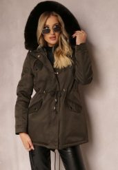 Ciemnozielona Kurtka Parka z Kapturem i Ozdobnym Futerkiem Dioneta. Zielone kurtki damskie Renee, na zimę, l, bez wzorów, z materiału. Za 259.99 zł.