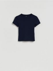 T-shirt slim fit z modalem - granatowy. Niebieskie t-shirty damskie Reserved, l, bez wzorów, z bawełny, bez kołnierzyka. Za 45.99 zł.
