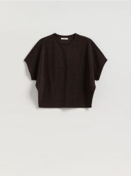 T-shirt z metalizowaną nicią - ciemnobrązowy. Brązowe t-shirty damskie Reserved, l, bez wzorów, z dzianiny, bez kołnierzyka. Za 69.99 zł.