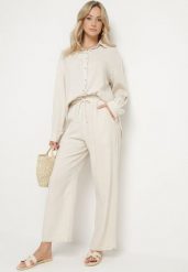 Beżowy Komplet z Lnem i Wiskozą Koszula i Spodnie Hanelior. Brązowe koszule damskie Born2be, bez wzorów, z wiskozy, eleganckie. Za 159.99 zł.