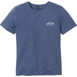 T-shirt z nadrukiem na plecach Slim Fit bonprix indygo. Niebieskie t-shirty męskie bonprix, m, bez wzorów, bez kołnierzyka. Za 24.99 zł.