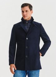 PAKO LORENTE - Granatowy wełniany płaszcz ze stójką. Niebieskie płaszcze męskie Pako Lorente, na jesień, m, bez wzorów, z poliesteru. Za 999.99 zł.