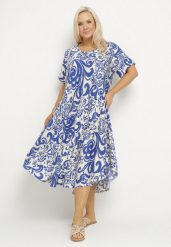 Niebieska Rozkloszowana Sukienka z Wiskozy z Geometrycznym Wzorem Emisova. Niebieskie sukienki damskie Born2be, na co dzień, xl, bez wzorów, z wiskozy, eleganckie, bez kołnierzyka, bez ramiączek, midi, rozkloszowane. W wyprzedaży za 71.99 zł.