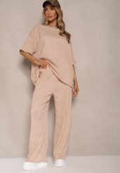Beżowy Komplet Oversize T-shirt i Spodnie o Szerokim Kroju Natariela. Brązowe spodnie materiałowe damskie Renee, bez wzorów, z materiału, eleganckie. Za 74.99 zł.