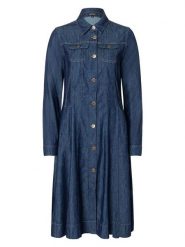 More & More Sukienka dżinsowa w kolorze granatowym rozmiar: 46. Niebieskie sukienki damskie MORE & MORE, bez wzorów, bez kołnierzyka, bez ramiączek, midi, rozkloszowane. Za 173.99 zł.