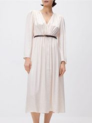 Sukienka maxi z paskiem - złamana biel. Sukienki damskie Reserved, l, bez wzorów, z tkaniny, bez kołnierzyka, bez ramiączek, maxi. Za 179.99 zł.