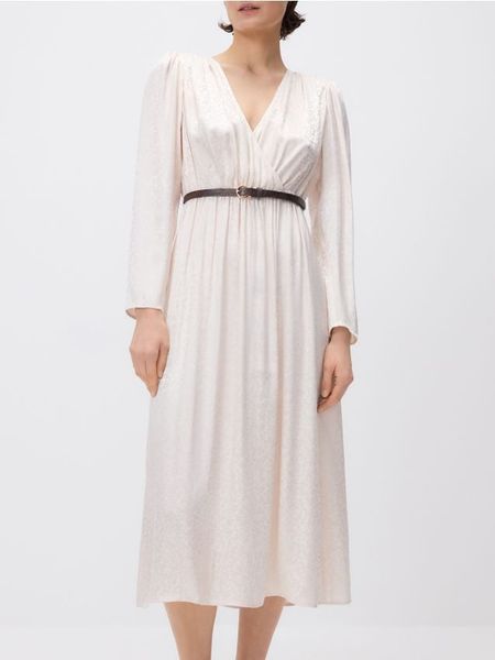 Sukienka maxi z paskiem - złamana biel. Sukienki damskie Reserved, l, bez wzorów, z tkaniny, bez kołnierzyka, bez ramiączek, maxi. Za 179.99 zł.