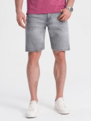 Krótkie męskie spodenki jeansowe z delikatnym washem – szare V2 - Rozmiar: S. Szare szorty męskie Ombre Clothing, na lato, z aplikacjami, z bawełny, klasyczne. W wyprzedaży za 69.99 zł.