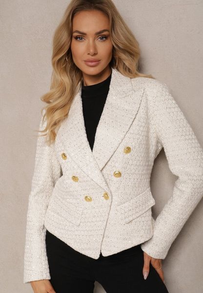 Jasnobeżowa Taliowana Marynarka Tweedowa o Dwurzędowym Kroju Zdobiona Imitacją Kieszeni Liovra. Brązowe marynarki i żakiety damskie Renee, l, z aplikacjami, biznesowe. Za 199.99 zł.