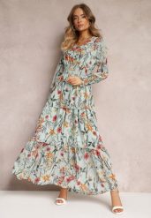 Miętowa Rozkoszowana Sukienka Maxi z Falbankami i Gumką w Talii Leezasa. Zielone sukienki damskie Renee, na imprezę, l, bez wzorów, eleganckie, bez kołnierzyka, bez ramiączek, maxi. W wyprzedaży za 95.99 zł.