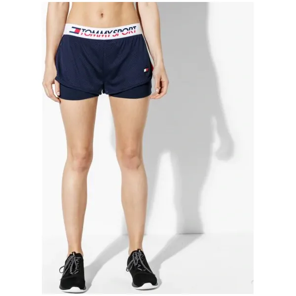 Tommy Sport Szorty Mesh Short 2In1 , granatowy, rozmiar S. Niebieskie spodenki sportowe damskie Tommy Hilfiger, s, z materiału, na fitness i siłownię. W wyprzedaży za 199.99 zł.