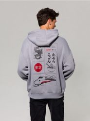 Dresowa bluza hoodie z nadrukiem na plecach - szary. Szare bluzy bez kaptura męskie Sinsay, l, z dresówki. Za 49.99 zł.