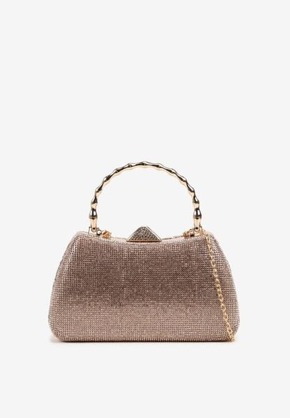 Szampańska Torebka Kopertówka na Ramię i do Ręki z Ozdobną Rączką i Cyrkoniami Latanella. Żółte torebki klasyczne damskie Renee, z aplikacjami, bez kołnierzyka, bez ramiączek. Za 119.99 zł.