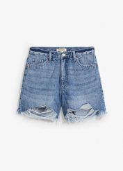 Szorty dżinsowe high waist, low stretch. Niebieskie szorty damskie bonprix, bez wzorów, z jeansu, z podwyższonym stanem. Za 97.99 zł.