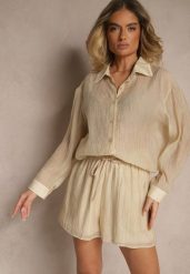 Beżowy Komplet z Tkaniny z Cyrkoniami Koszula i Szorty Jeniviela. Brązowe koszule damskie Renee, bez wzorów, z tkaniny, eleganckie. Za 129.99 zł.
