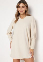 Jasnobeżowa Rozkloszowana Sukienka Pudełkowa z Bufiastymi Rękawami Gwelan. Brązowe sukienki damskie Born2be, na co dzień, s, bez wzorów, eleganckie, bez kołnierzyka, bez ramiączek, mini, proste. W wyprzedaży za 71.99 zł.