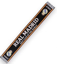 Szalik Realu Madryt - licencjonowany 140 cm x 20 cm. Czarne szaliki męskie Real Madrid, bez wzorów, z materiału. Za 90.22 zł.