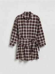 Sukienka z wiskozą - ciemnobrązowy. Brązowe sukienki damskie Reserved, l, bez wzorów, z bawełny, bez kołnierzyka, bez ramiączek, rozkloszowane. Za 159.99 zł.