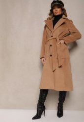 Beżowy Długi Płaszcz Jednorzędowy z Paskiem w Talii Zeneti. Brązowe płaszcze damskie Renee, l, bez wzorów, eleganckie. Za 179.99 zł.