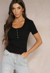 Czarny Bawełniany T-shirt Prążkowany z Guzikami Florvivi. Czarne t-shirty damskie Renee, m, bez wzorów, z bawełny, bez kołnierzyka. Za 49.99 zł.