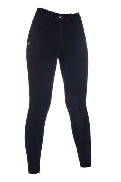 Damskie spodnie jeździeckie o pełnej przyczepności HKM Harbour Island Denim. Czarne spodnie materiałowe damskie HKM, bez wzorów, z denimu, z podwyższonym stanem. Za 327.50 zł.