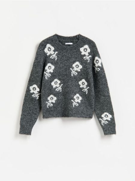 Sweter w żakardowy wzór - ciemnoszary. Szare swetry klasyczne damskie Reserved, l, z dzianiny, bez kołnierzyka. Za 139.99 zł.