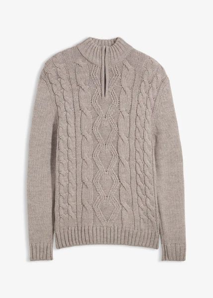 Sweter ze stójką we wzór w warkocze. Szare swetry męskie bonprix, m, bez wzorów, bez kołnierzyka. Za 119.99 zł.