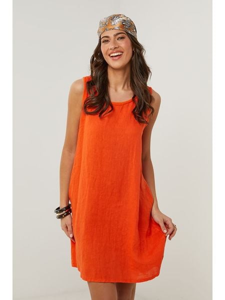 Le Monde du Lin Lniana sukienka w kolorze pomarańczowym rozmiar: 38/40. Pomarańczowe sukienki damskie Le Monde du Lin, bez wzorów, ze lnu, klasyczne, bez kołnierzyka, bez ramiączek, mini. Za 118.28 zł.