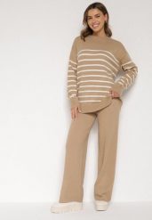 Ciemnobeżowy Komplet z Wełną i Bawełną Sweter w Paski i Szerokie Spodnie Neveena. Brązowe spodnie materiałowe damskie Born2be, bez wzorów, z bawełny, eleganckie. Za 139.99 zł.
