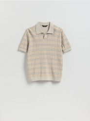 Strukturalny sweter polo - beżowy. Brązowe swetry męskie Reserved, l, bez wzorów, z bawełny, bez kołnierzyka. Za 129.99 zł.