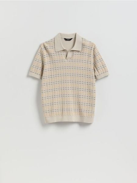 Strukturalny sweter polo - beżowy. Brązowe swetry męskie Reserved, l, bez wzorów, z bawełny, bez kołnierzyka. Za 129.99 zł.