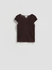 T-shirt z modalem - ciemnobrązowy. Brązowe t-shirty damskie Reserved, l, bez wzorów, z bawełny, bez kołnierzyka. Za 119.99 zł.