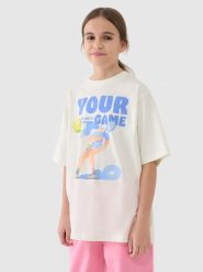 4F T-shirt oversize z nadrukiem dziewczęcy - biały 152 (11-12 lat). Białe koszulki dziewczęce 4f, bez wzorów, z bawełny, bez ramiączek. W wyprzedaży za 19.99 zł.