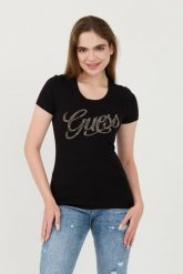 GUESS Czarny t-shirt Script. Czarne t-shirty damskie Guess, xs, z aplikacjami, bez kołnierzyka. W wyprzedaży za 165.99 zł.