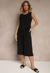Czarny Komplet Spodnie 3/4 Luźne i Koszulka bez Rękawów Ozdobiona Guzikami Ravione. Czarne spodnie materiałowe damskie Renee, bez wzorów, z materiału, eleganckie. Za 54.99 zł.