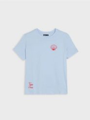 Bawełniana koszulka z haftowanym napisem - błękitny. Niebieskie t-shirty damskie Sinsay, l, bez wzorów, z bawełny, bez kołnierzyka. Za 19.99 zł.