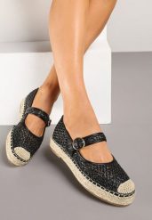 Czarne Espadryle z Plecionki z Ozdobnym Noskiem Sprzączką i Wkładką ze Skóry Eranwena. Czarne espadryle damskie Renee, bez wzorów, ze skóry, bez obcasa. Za 89.99 zł.