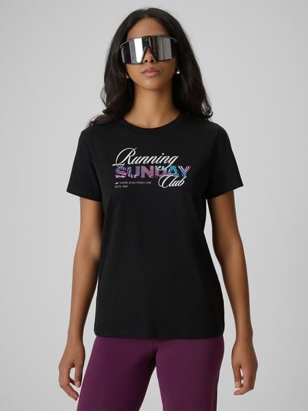 4F T-shirt regular z nadrukiem damski - czarny XXL. Czarne t-shirty damskie 4f, xxl, bez wzorów, z bawełny, bez kołnierzyka. Za 59.99 zł.