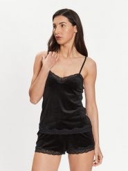 Hunkemöller Koszulka piżamowa Scallop 185927 Czarny Basic Fit. Czarne koszule nocne damskie Hunkemöller, s, bez wzorów, z syntetyku, bez ramiączek. Za 69.99 zł.