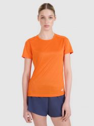 4F Koszulka do biegania regular damska - pomarańczowa XL. Brązowe bluzki sportowe damskie 4f, s, bez wzorów, z dzianiny, bez ramiączek. W wyprzedaży za 79.99 zł.