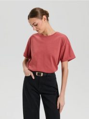 Bawełniana koszulka z krótkimi rękawami - pomarańczowy. Brązowe t-shirty damskie Sinsay, l, bez wzorów, z bawełny, bez kołnierzyka. Za 19.99 zł.