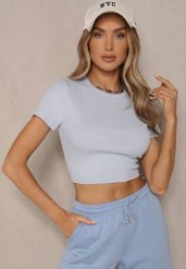 Jasnoniebieski T-shirt z Bawełny z Prążkowanego Materiału Aszedi. Niebieskie t-shirty damskie Renee, m, bez wzorów, z bawełny, bez kołnierzyka. Za 24.99 zł.