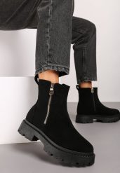 Czarne Płaskie Botki z Ekozamszu z Suwakiem Tinaferr. Czarne botki damskie Renee, na jesień, eleganckie, bez obcasa, na płaskiej podeszwie, bez zapięcia. Za 119.99 zł.
