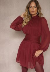 Bordowa Rozkloszowana Sukienka z Półprzeźroczystymi Wstawkami i Stójką Gelabine. Czerwone sukienki damskie Renee, na co dzień, l, bez wzorów, eleganckie, bez kołnierzyka, bez ramiączek, mini, proste. W wyprzedaży za 104.99 zł.