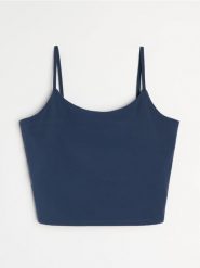 Top na ramiączkach z wbudowanymi miseczkami Gym Hard - granatowy. Niebieskie topy sportowe damskie Sinsay, l, bez wzorów, bez ramiączek. Za 29.99 zł.