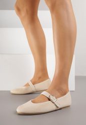 Beżowe Balerinki w Stylu Mary Jane Urifiel. Brązowe baleriny damskie Born2be, bez wzorów, z jeansu, bez obcasa. Za 59.99 zł.