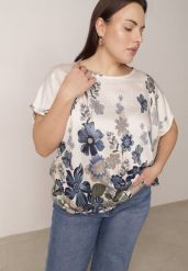 Niebieska Wiskozowa Bluzka w Kwiaty Talina. Niebieskie bluzki damskie Born2be, l, bez wzorów, z jeansu, eleganckie, bez kołnierzyka, bez ramiączek. Za 49.99 zł.